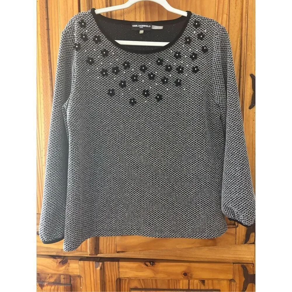 Karl Lagerfeld Black and White Top with Pearls and Flower Appliques